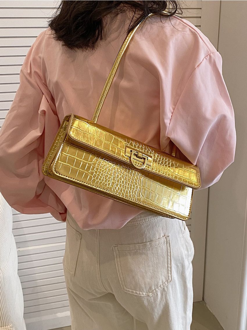 Crocodile Embossed Flap Baguette Bag Turn Lock Metallic Funky