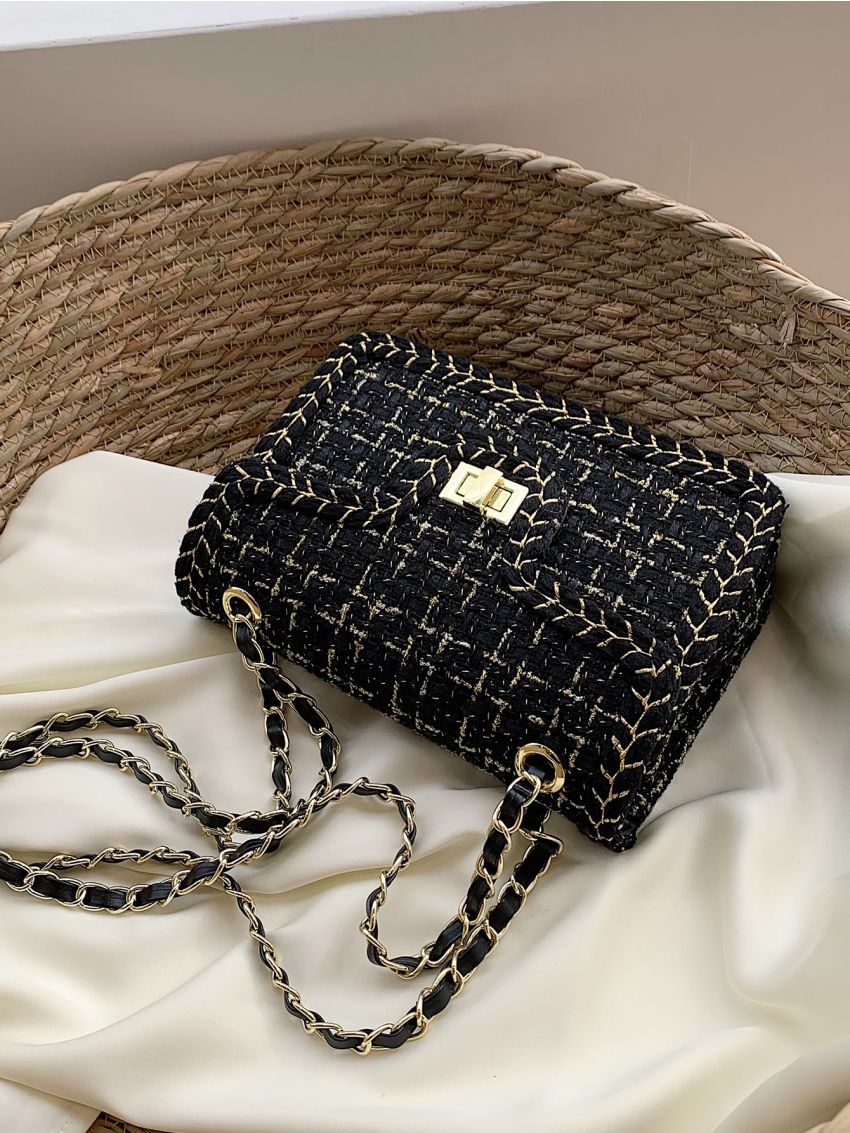 Small Square Bag Fashion Plaid Pattern Twist Lock Flap Chain Nylon
