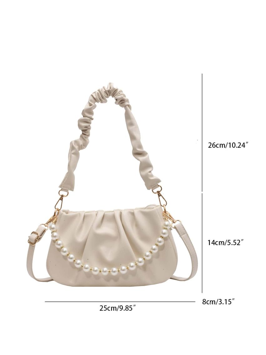 Beige Ruched Bag Fashion Rhinestone & Faux Pearl Decor PU