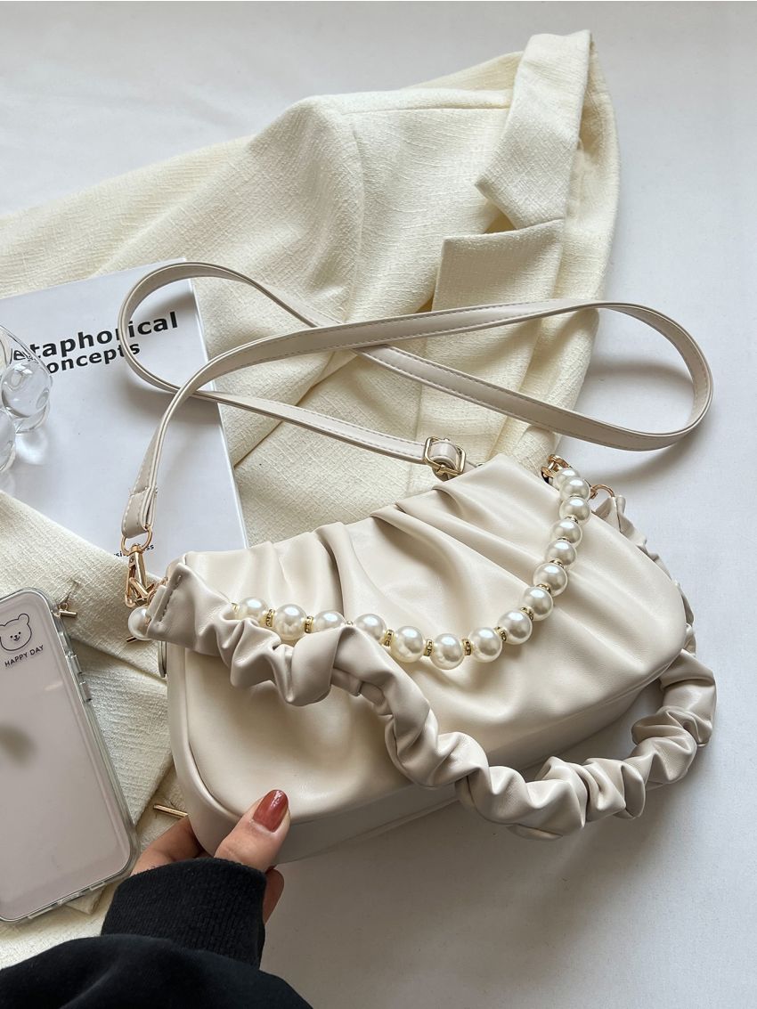 Beige Ruched Bag Fashion Rhinestone & Faux Pearl Decor PU