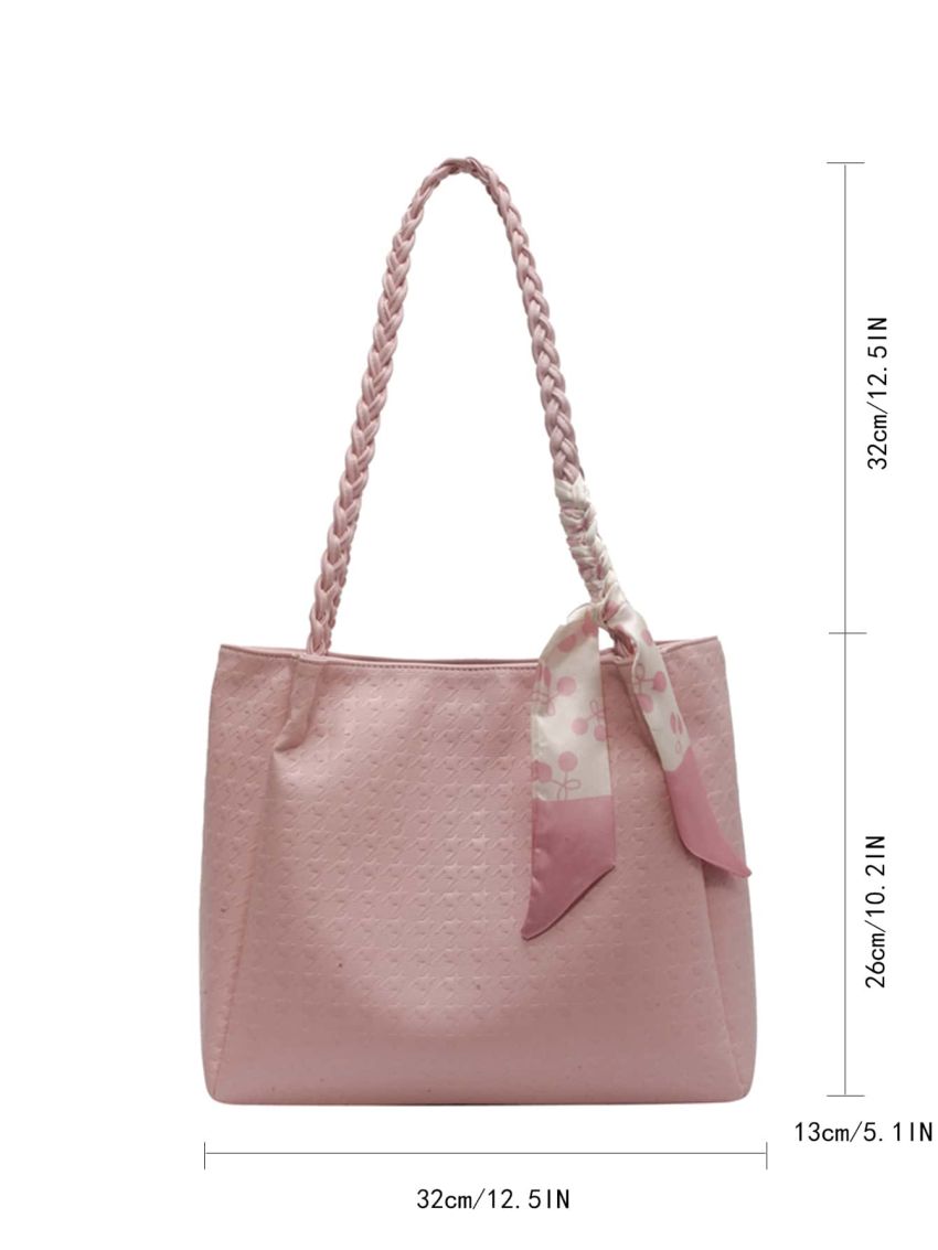 Small Shoulder Tote Bag Fashionable Houndstooth Embossed Twilly Scarf Decor PU