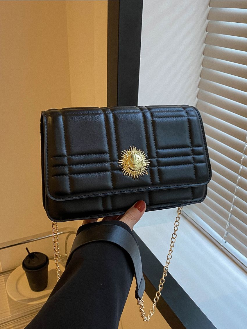 Small Flap Square Bag Quilted Pattern Metal Decor