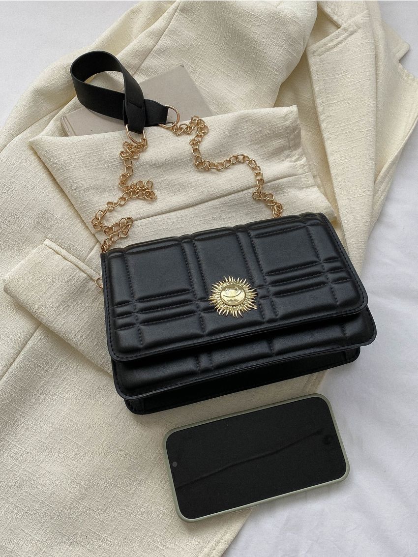 Small Flap Square Bag Quilted Pattern Metal Decor