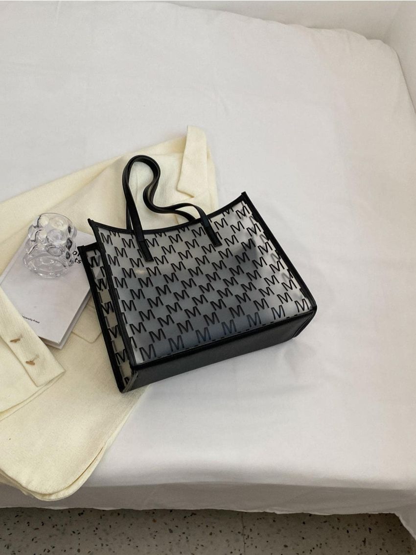 Letter Graphic Shoulder Tote Bag With Inner Pouch