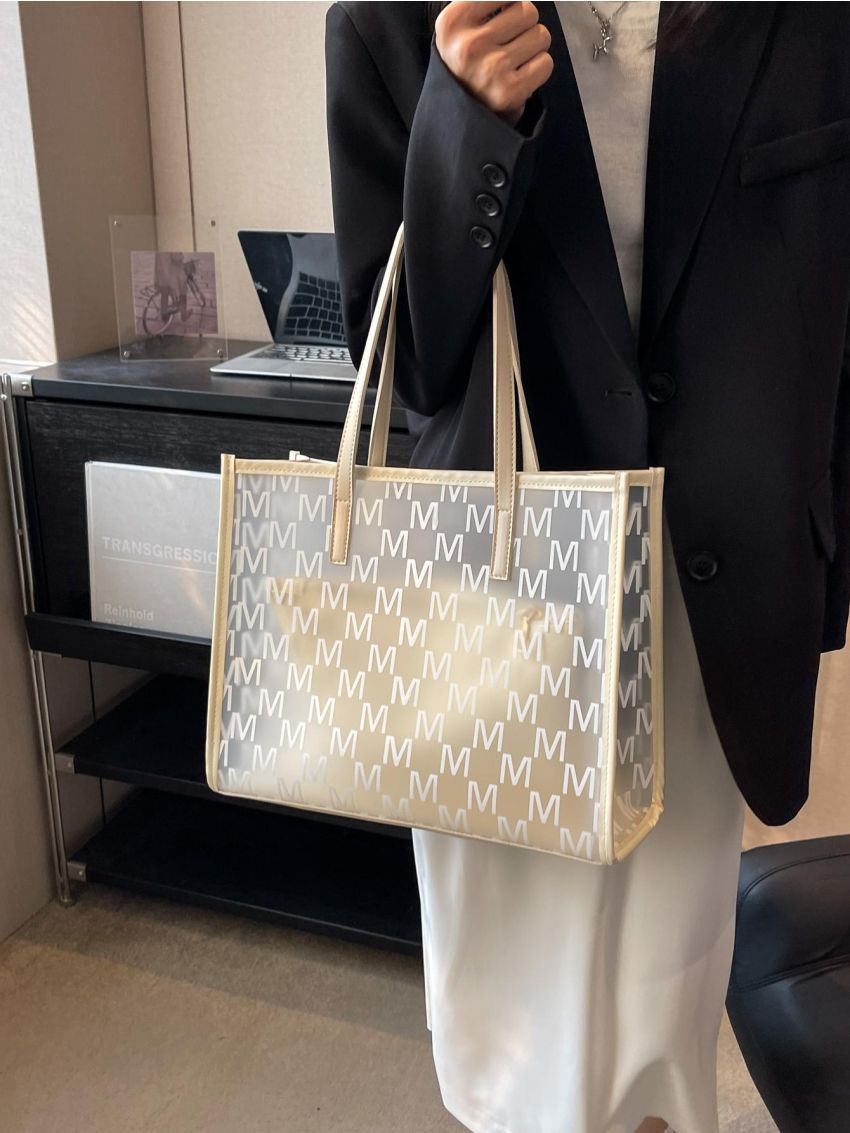 Letter Graphic Shoulder Tote Bag With Inner Pouch