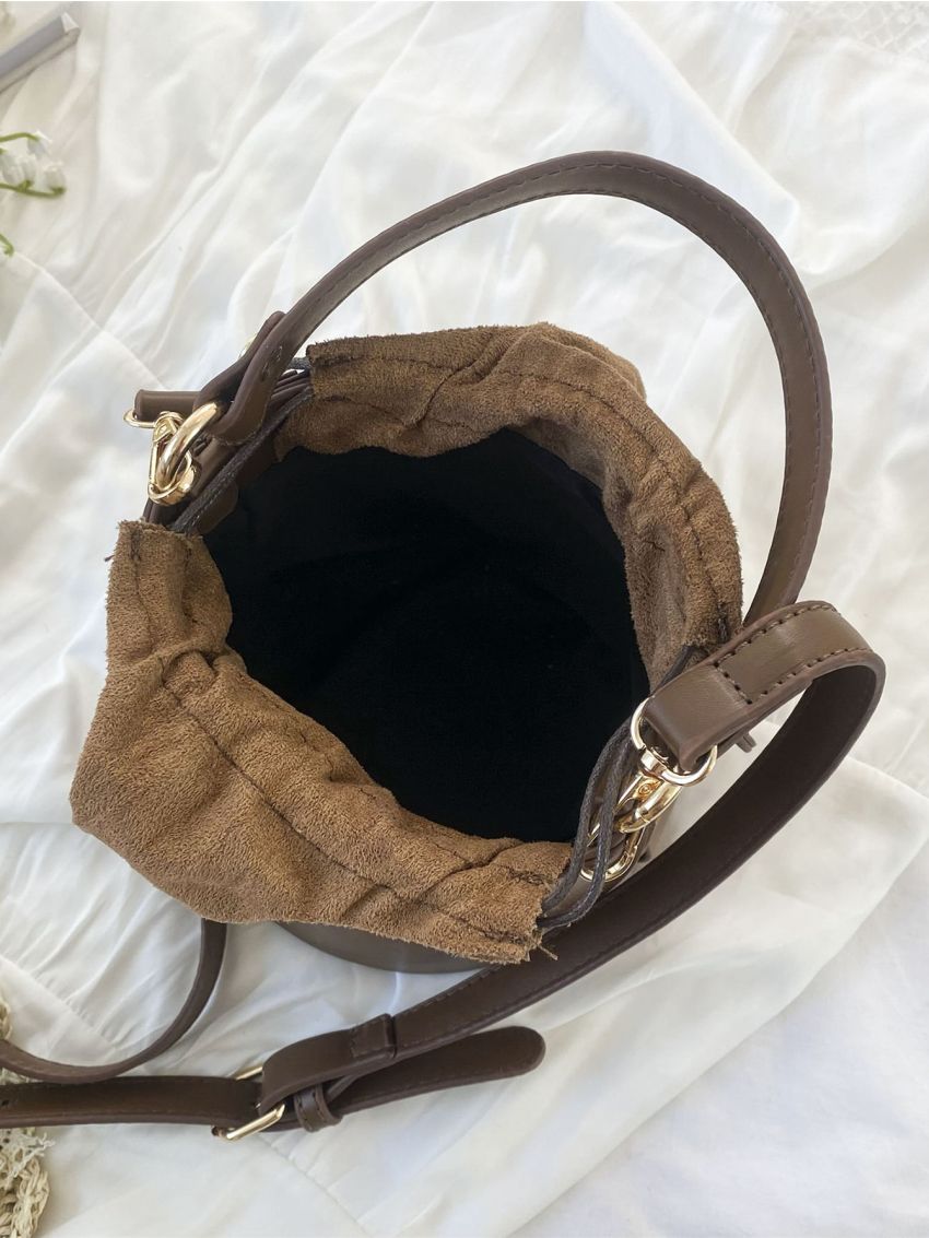 Mini Bucket Bag Letter Pattern Colorblock Drawstring Braided Design