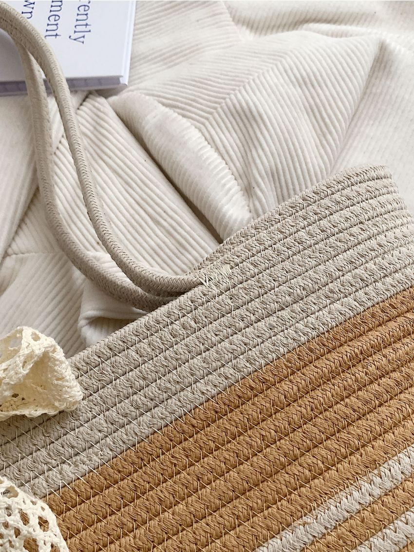 Twilly Scarf Decor Straw Bag Colorblock Vacation