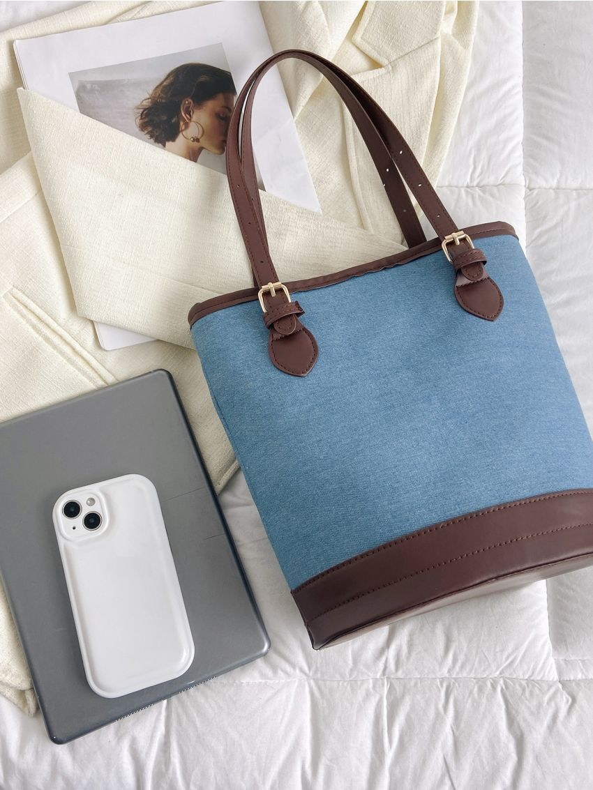 Two Tone Bucket Bag Buckle Decor