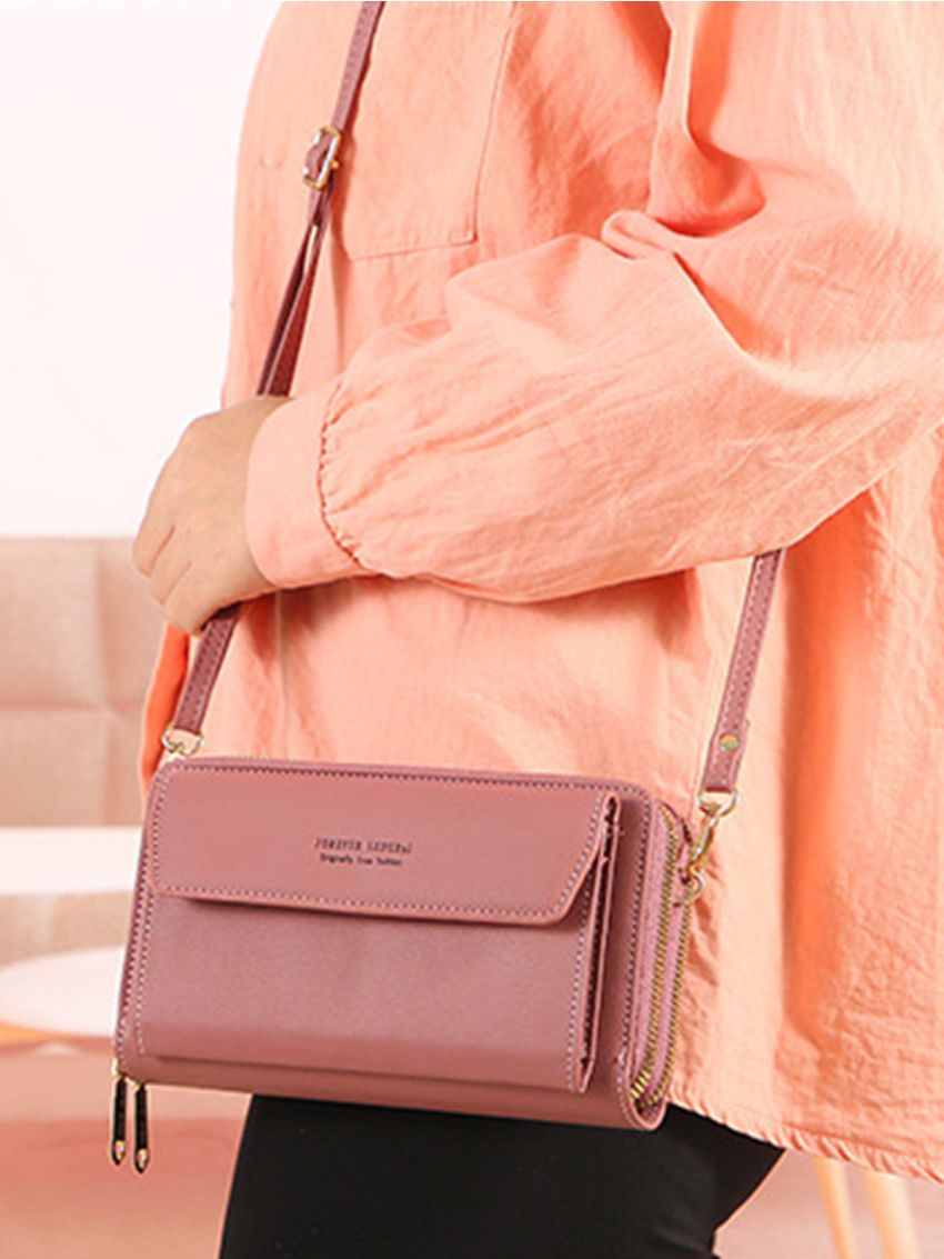 Letter Graphic Phone Wallet Zipper Pink