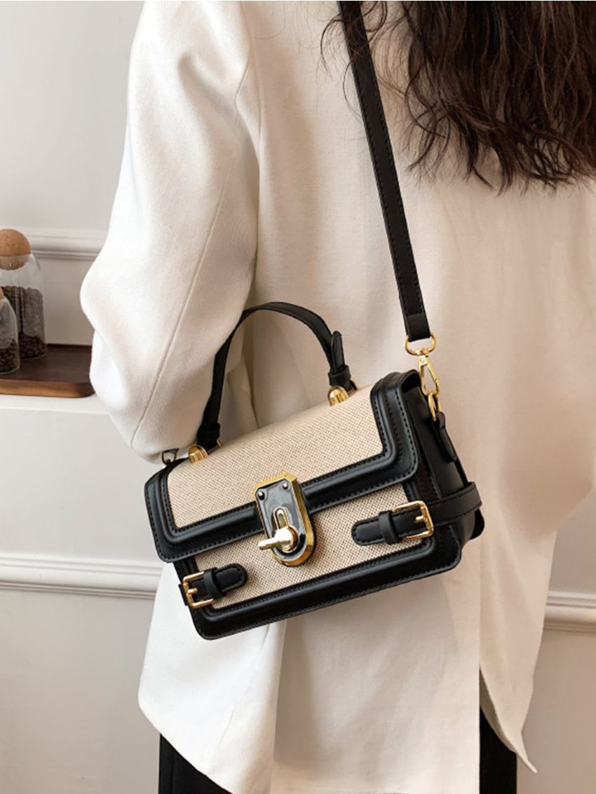Small Square Bag Buckle Decor Colorblock Top Handle