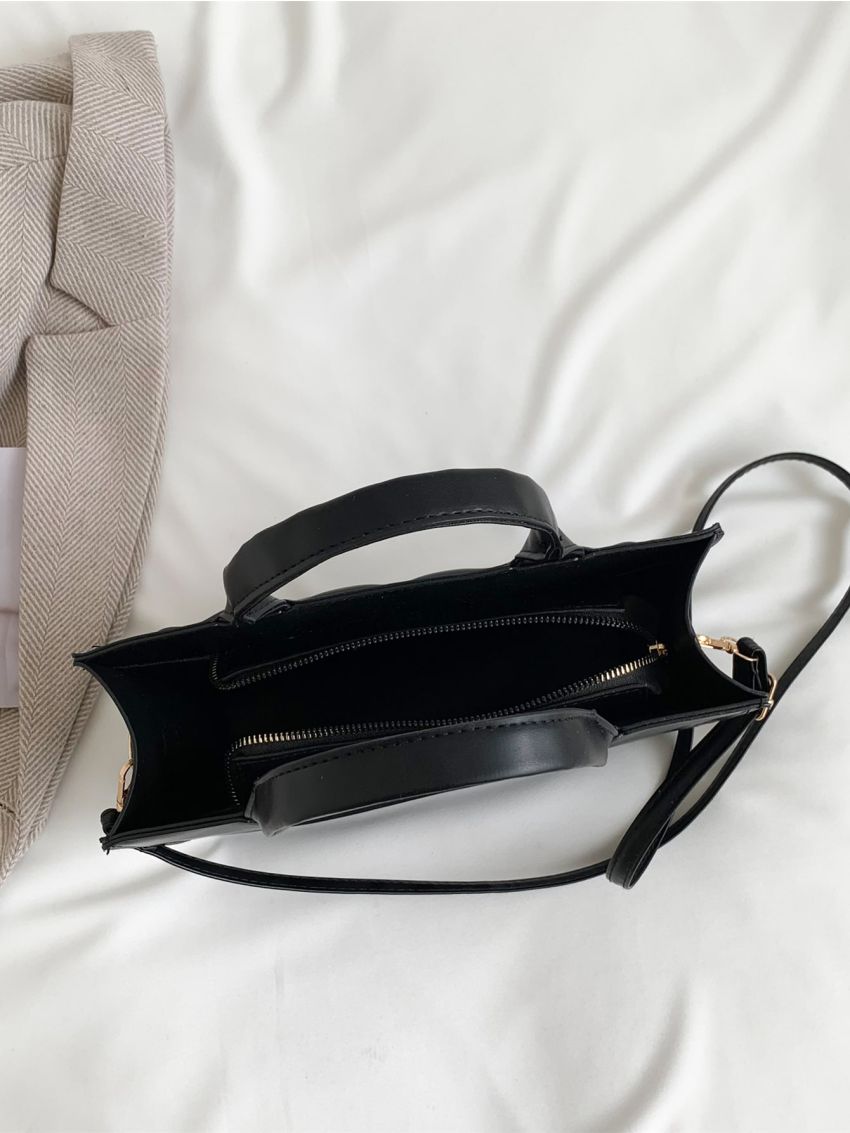 Medium Square Bag Double Handle Letter Embossed Quilted Solid Black