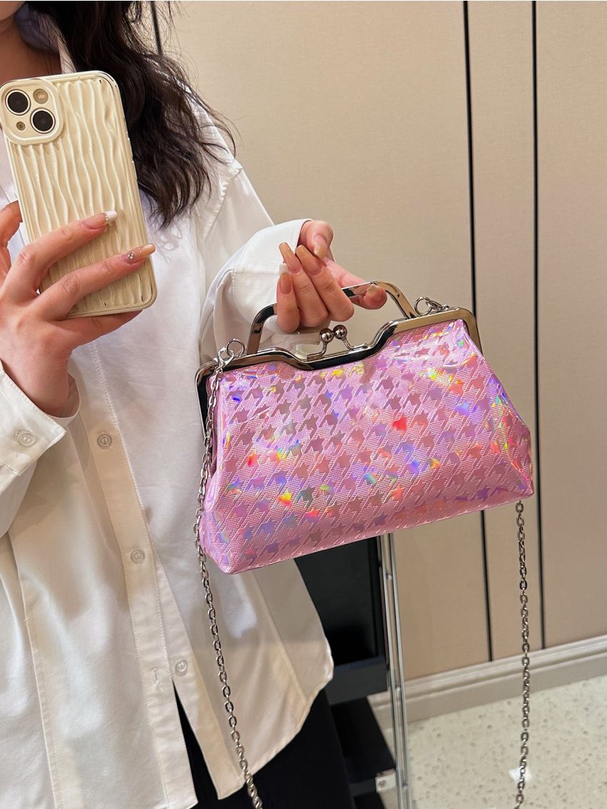 Small Square Bag Holographic Houndstooth Embossed Kiss Lock Funky