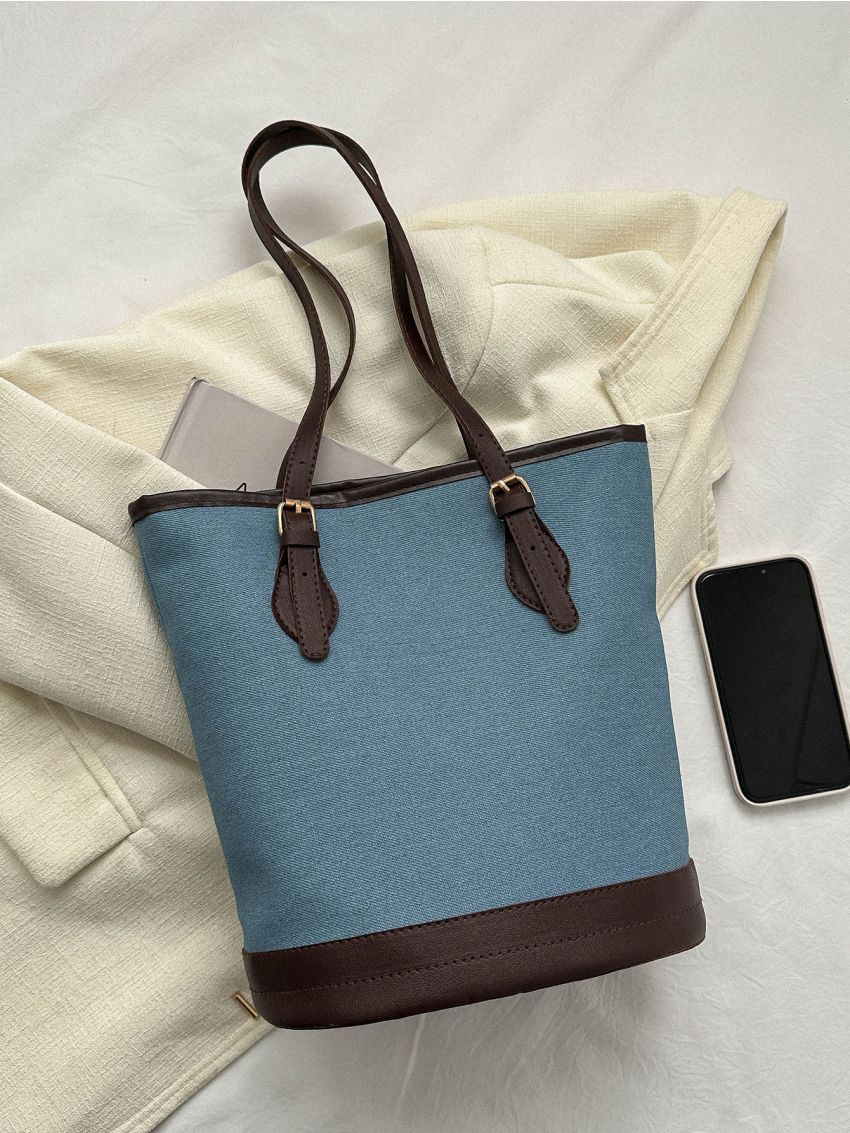 Colorblock Tote Bag Double Handle Buckle Decor