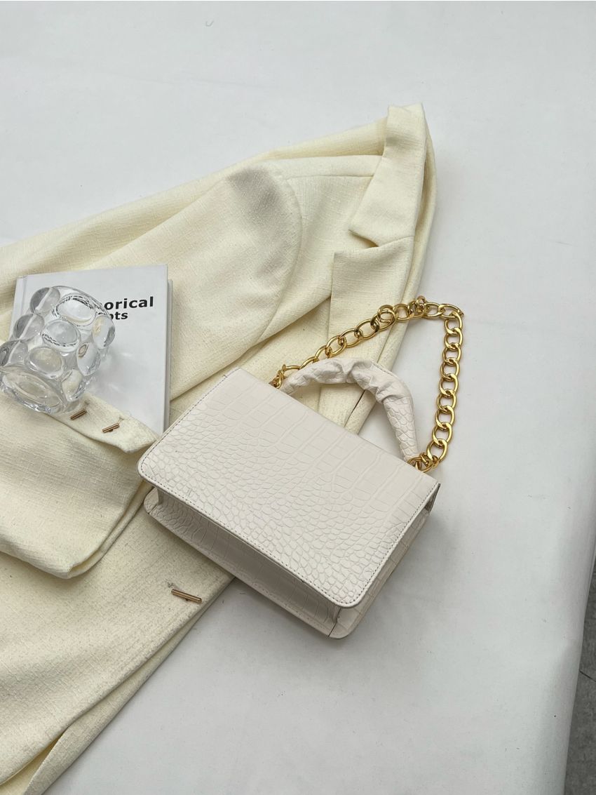 Small Square Bag Crocodile Embossed Chain Decor Top Handle
