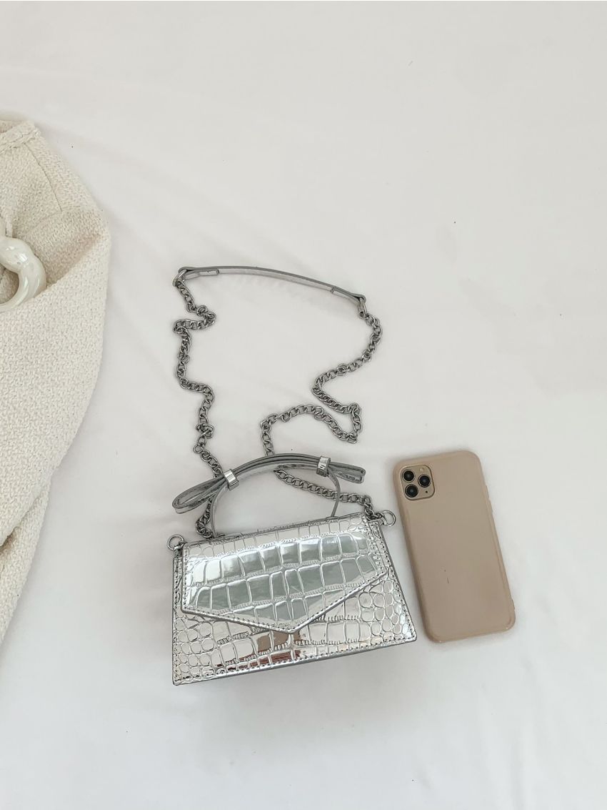 Mini Square Bag Metallic Crocodile Embossed Chain Strap