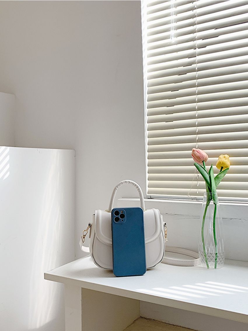 Mini Saddle Bag White Flap Zipper Adjustable-strap PU