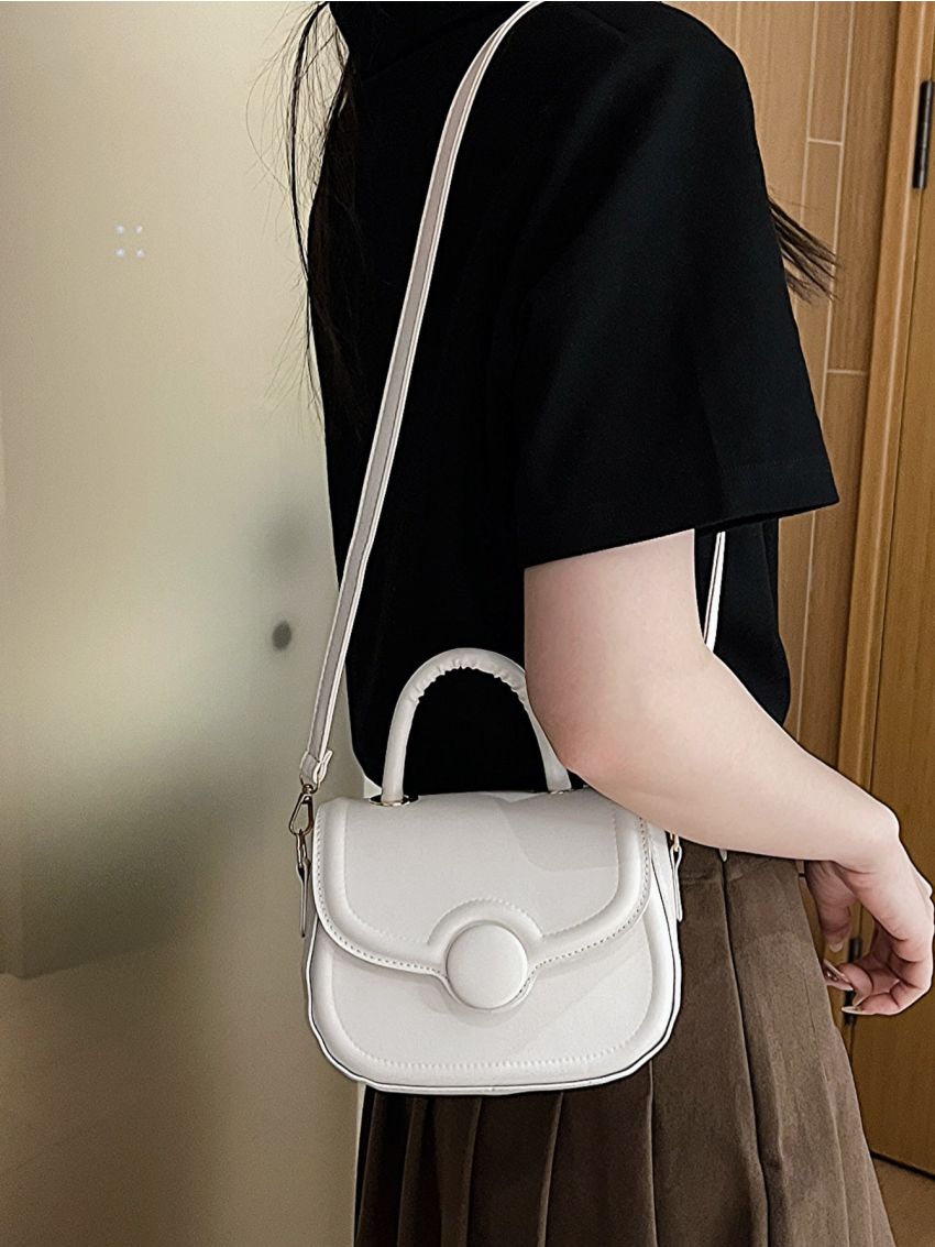Mini Saddle Bag White Flap Zipper Adjustable-strap PU