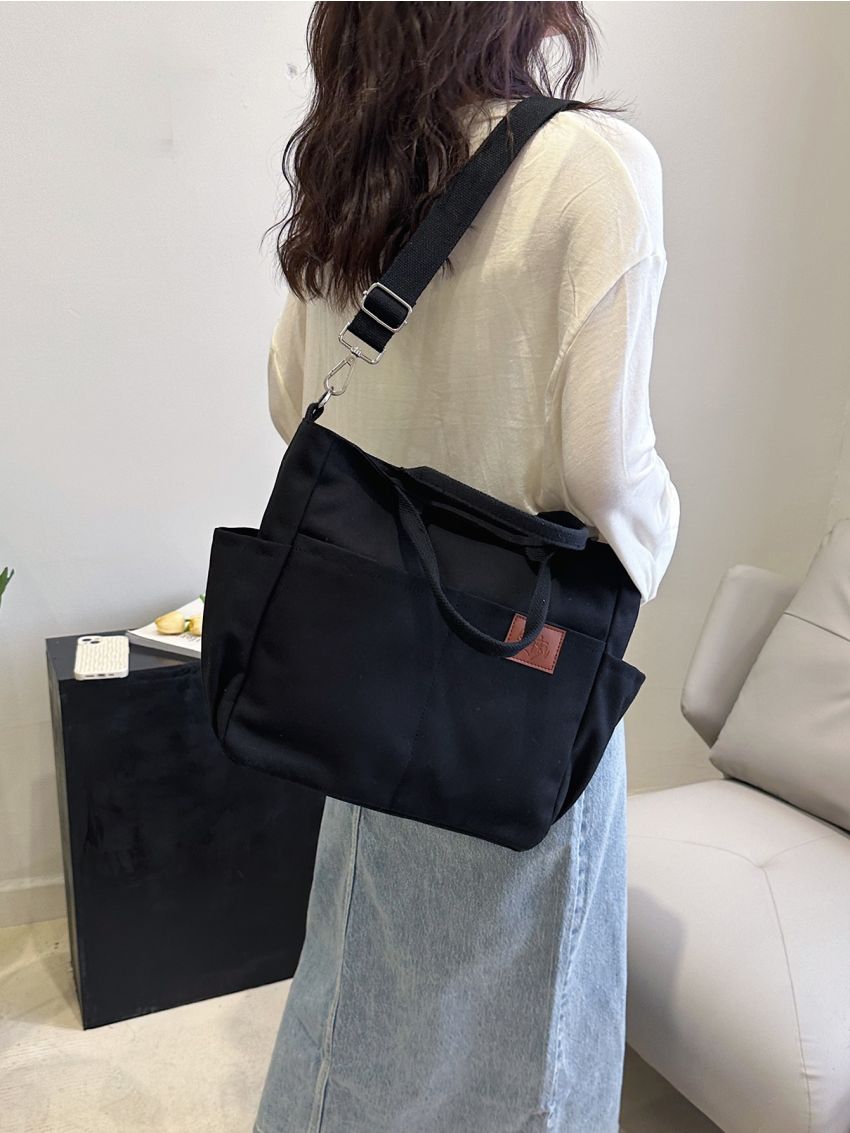 Letter Patch Top Handle Bag Black Adjustable Strap Canvas For Daily