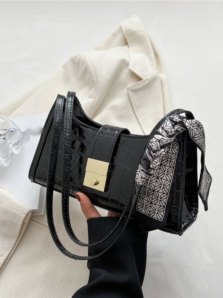 Crocodile Embossed Baguette Bag Twilly Scarf Decor Top Handle For Work