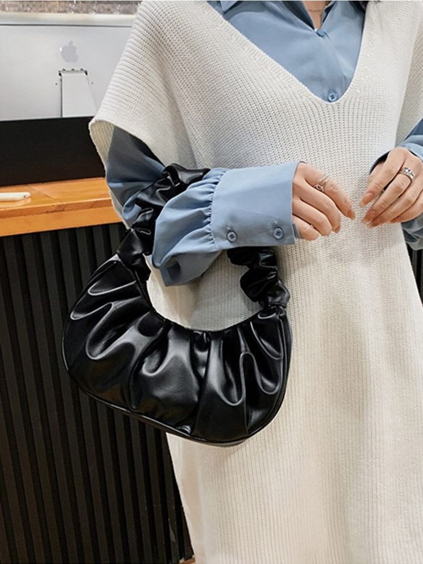 Medium Ruched Bag Handle Ruche Design Elegant Style Solid Black