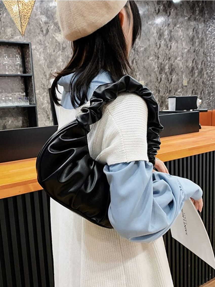 Medium Ruched Bag Handle Ruche Design Elegant Style Solid Black