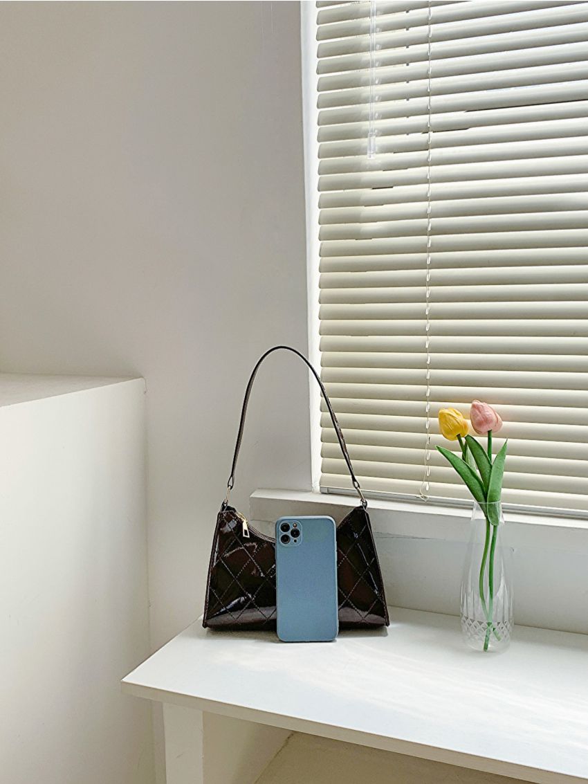 Geometric Pattern Baguette Bag Black Fashionable Top Handle For Work