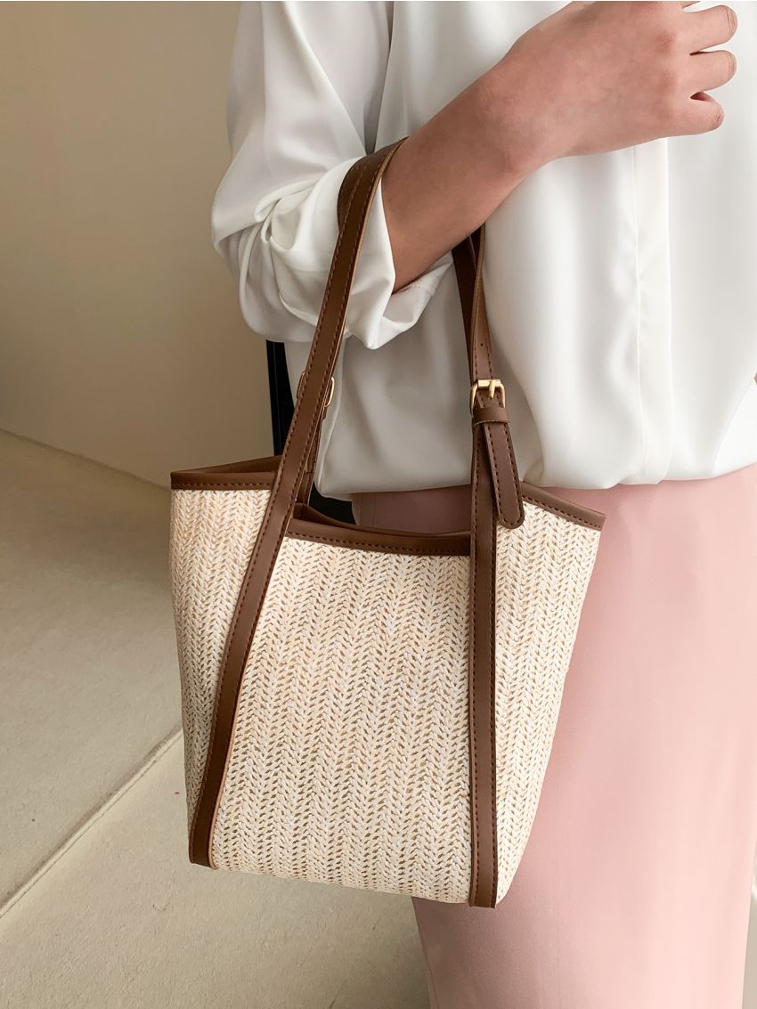 Colorblock Straw Bag Double Handle With Inner Pouch For Vacation