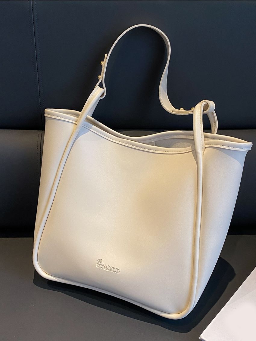 Letter Graphic Hobo Bag With Bag Charm & Inner Pouch Beige