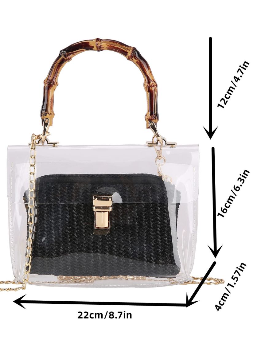 Clear Square Bag Flap With Straw Inner Pouch Chain Strap For Vacation
