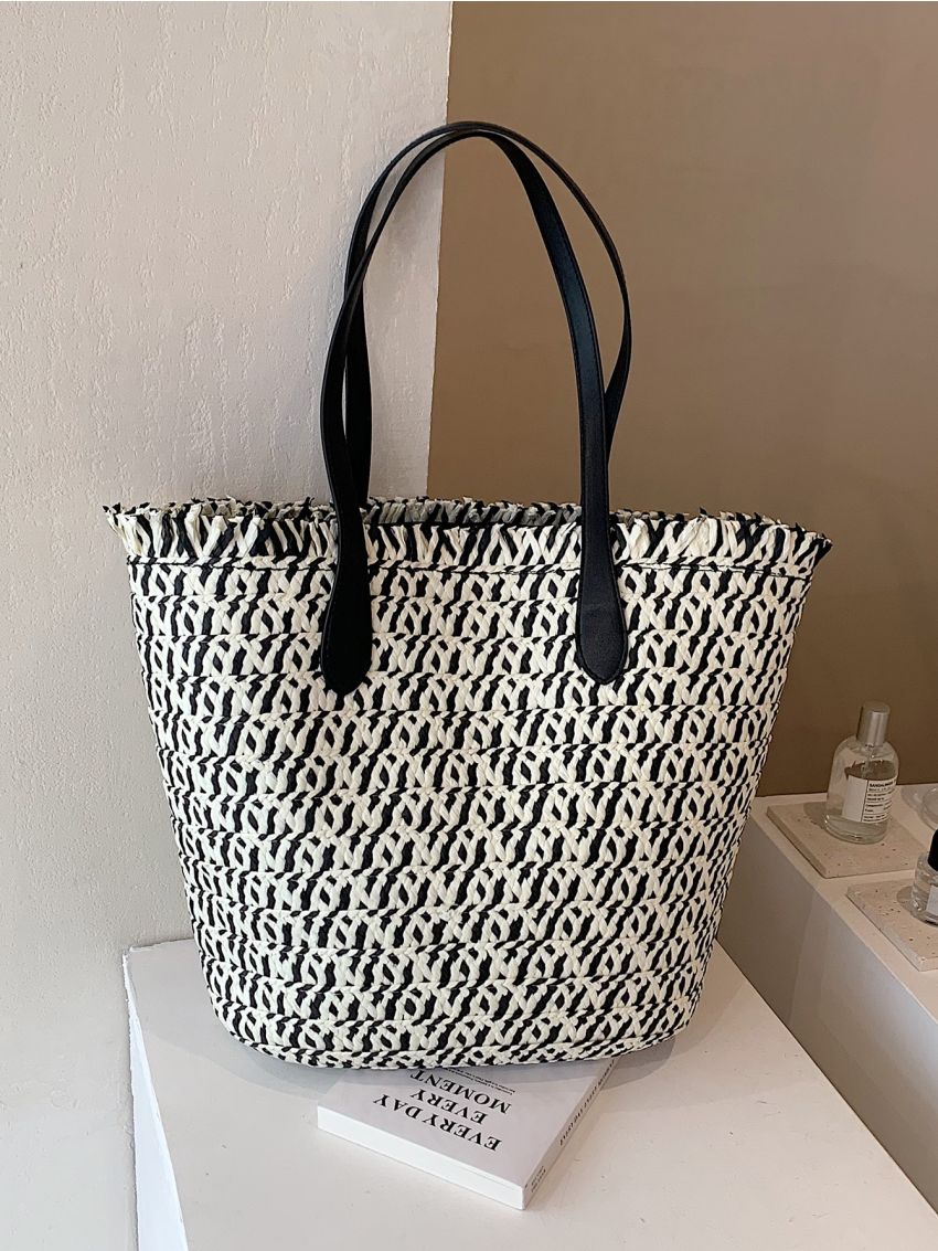 Raw Hem Straw Bag Double Handle Vacation