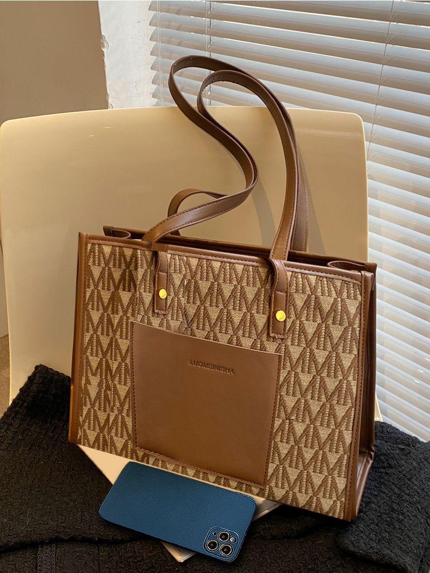 All Over Print Shoulder Tote Bag Brown Elegant Double Handle For Work