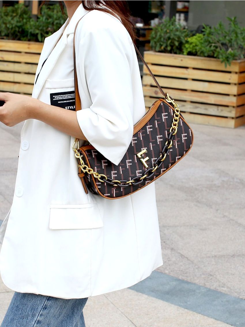 All Over Print Hobo Bag Chain Decor Top Handle For Work, Clear Bag