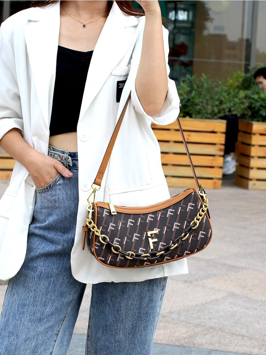 All Over Print Hobo Bag Chain Decor Top Handle For Work, Clear Bag