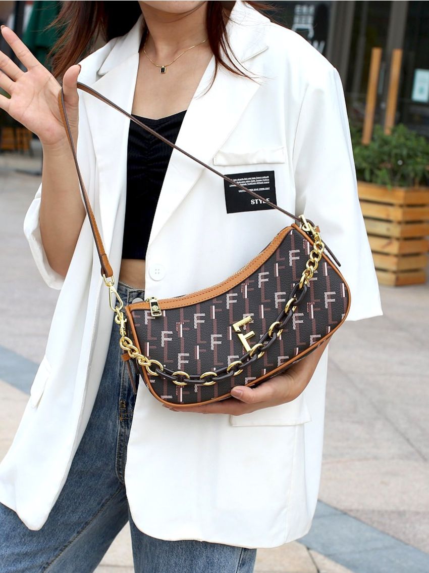 All Over Print Hobo Bag Chain Decor Top Handle For Work, Clear Bag