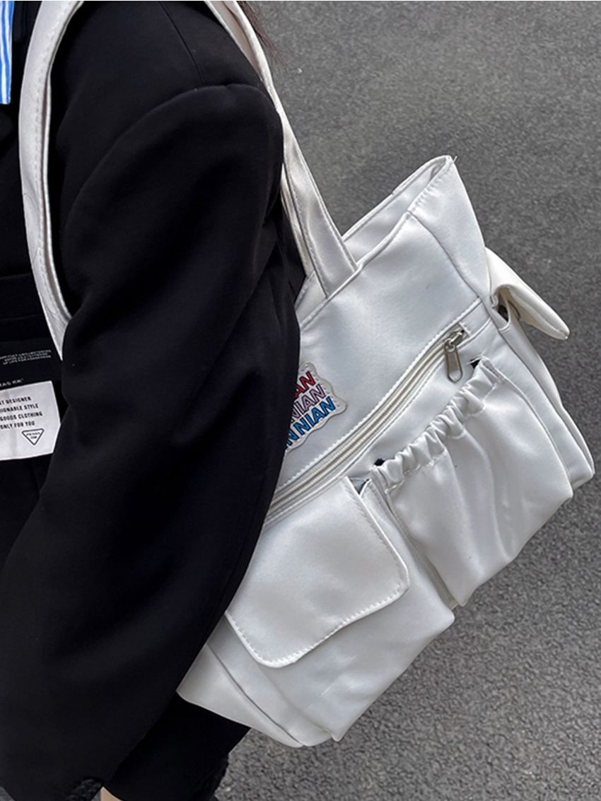 Letter Patch Shopper Bag Pocket Front Casual