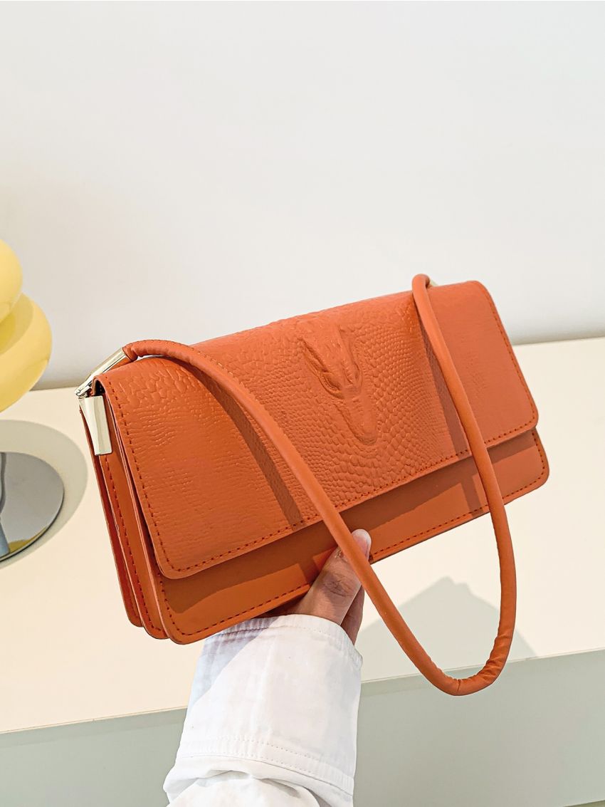 Small Baguette Bag Crocodile Embossed Neon Orange