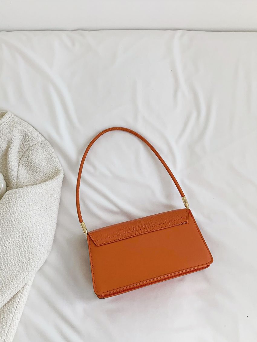 Small Baguette Bag Crocodile Embossed Neon Orange