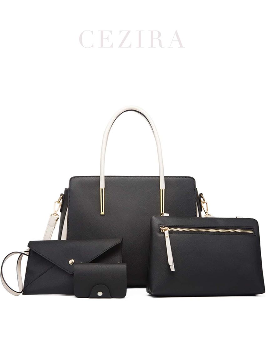 4pcs Tote Bag Set Solid Black Double Handle, Best Work Bag For Women