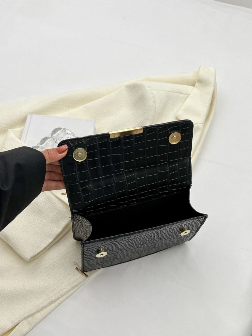 Small Flap Square Bag Crocodile Embossed Metal Decor Elegant