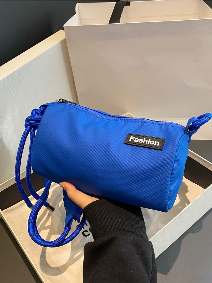 Small Bucket Bag Letter Patch Decor Neon Blue Nylon