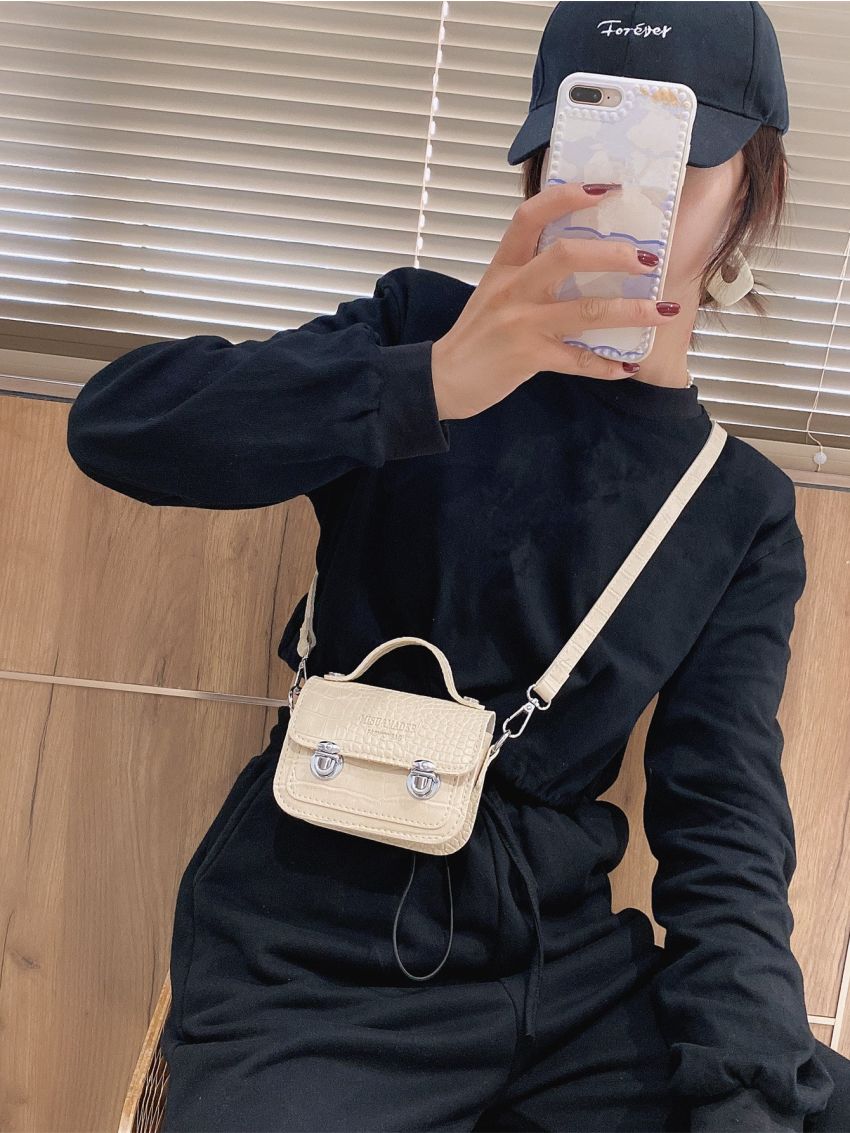 Mini Flap Square Bag Crocodile Embossed Letter Embossed Metal Decor