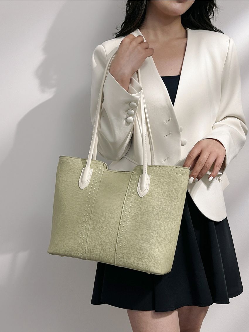 Litchi Embossed Shoulder Tote Bag Medium Green