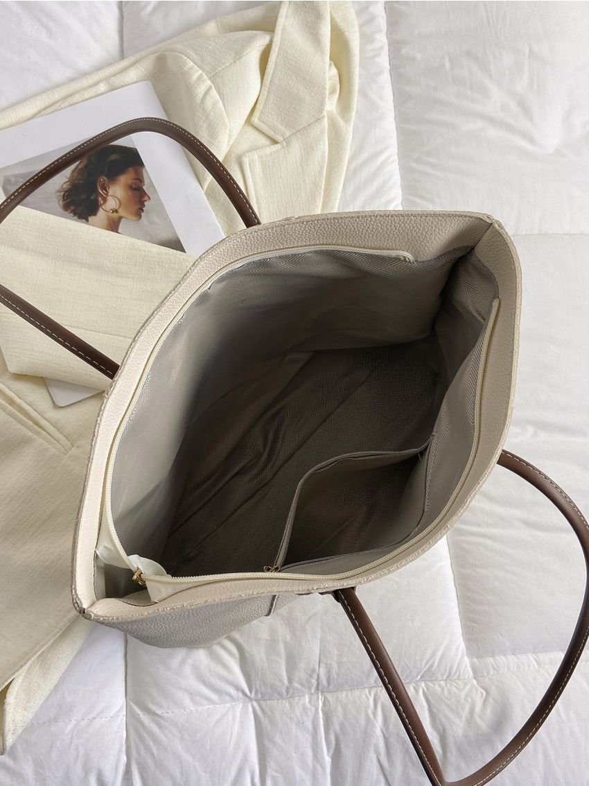 Litchi Embossed Shoulder Tote Bag Large Capacity Beige