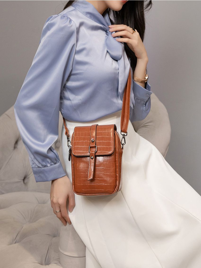 Flap Phone Wallet Geometric Embossed Brown