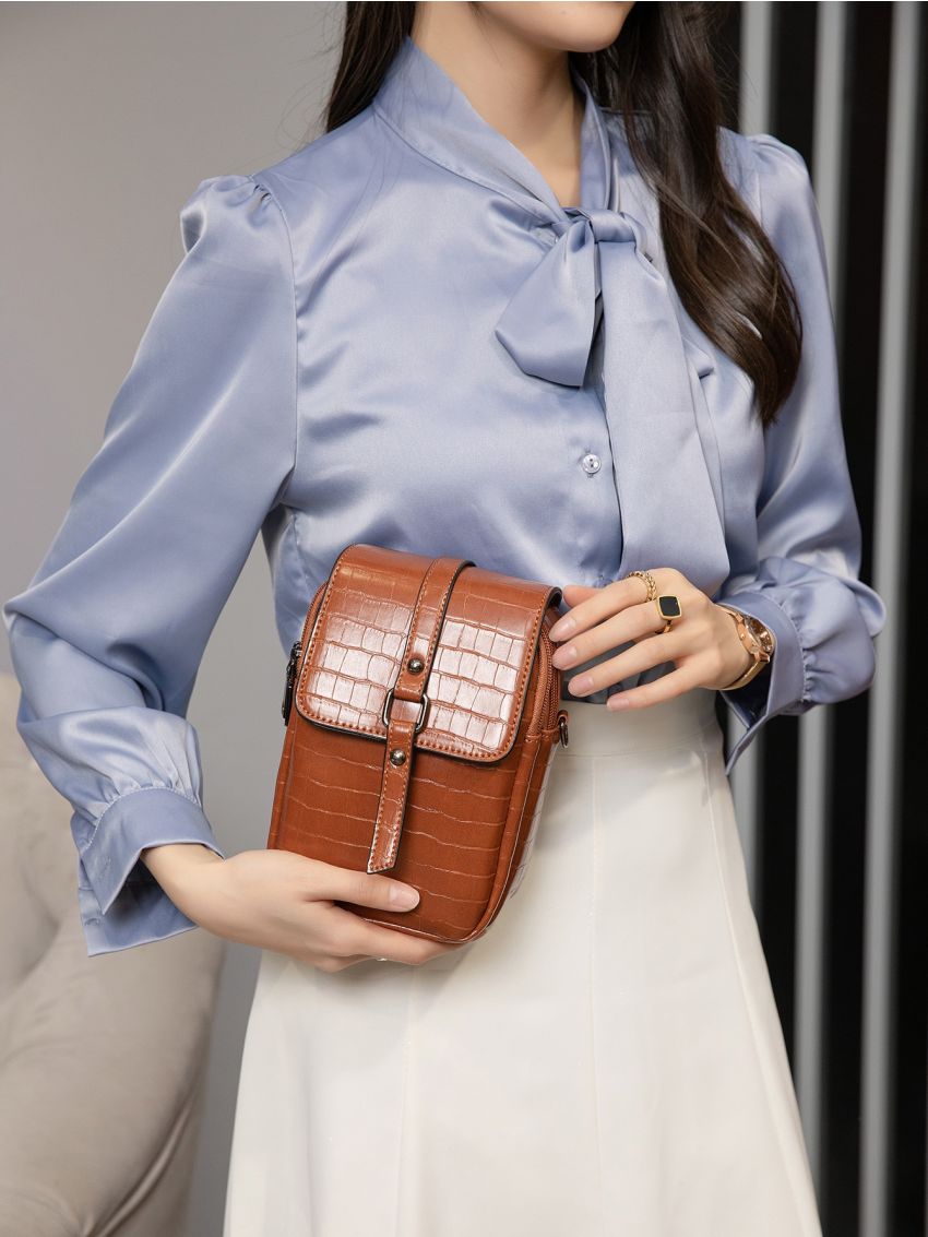 Flap Phone Wallet Geometric Embossed Brown