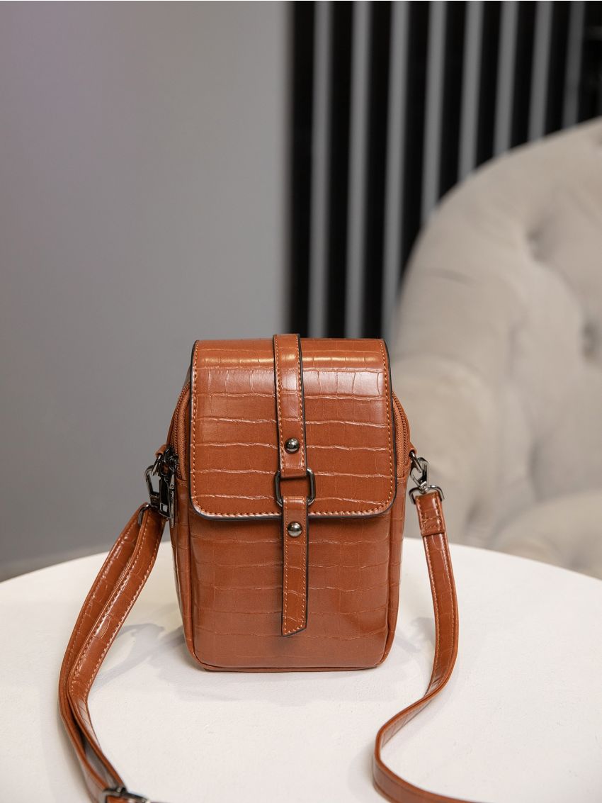 Flap Phone Wallet Geometric Embossed Brown