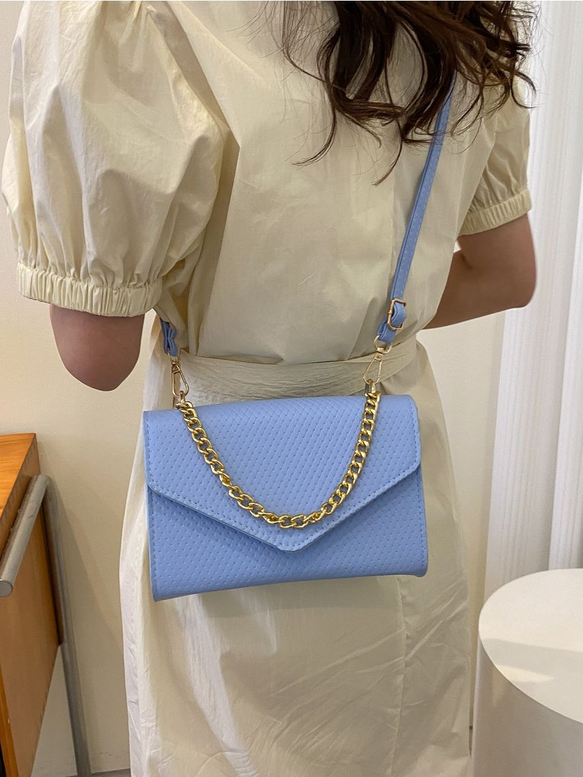 Small Square Bag Blue Chain Decor Flap For Daily