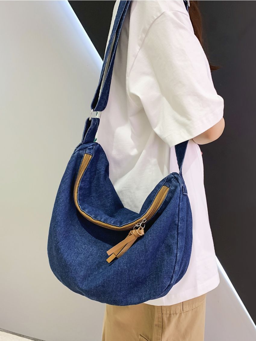 Blue Hobo Bag Large Capacity Denim For Daily