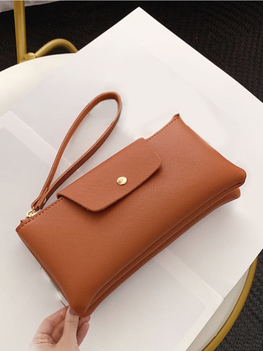 Minimalist Phone Wallet Brown Snap Button Brown