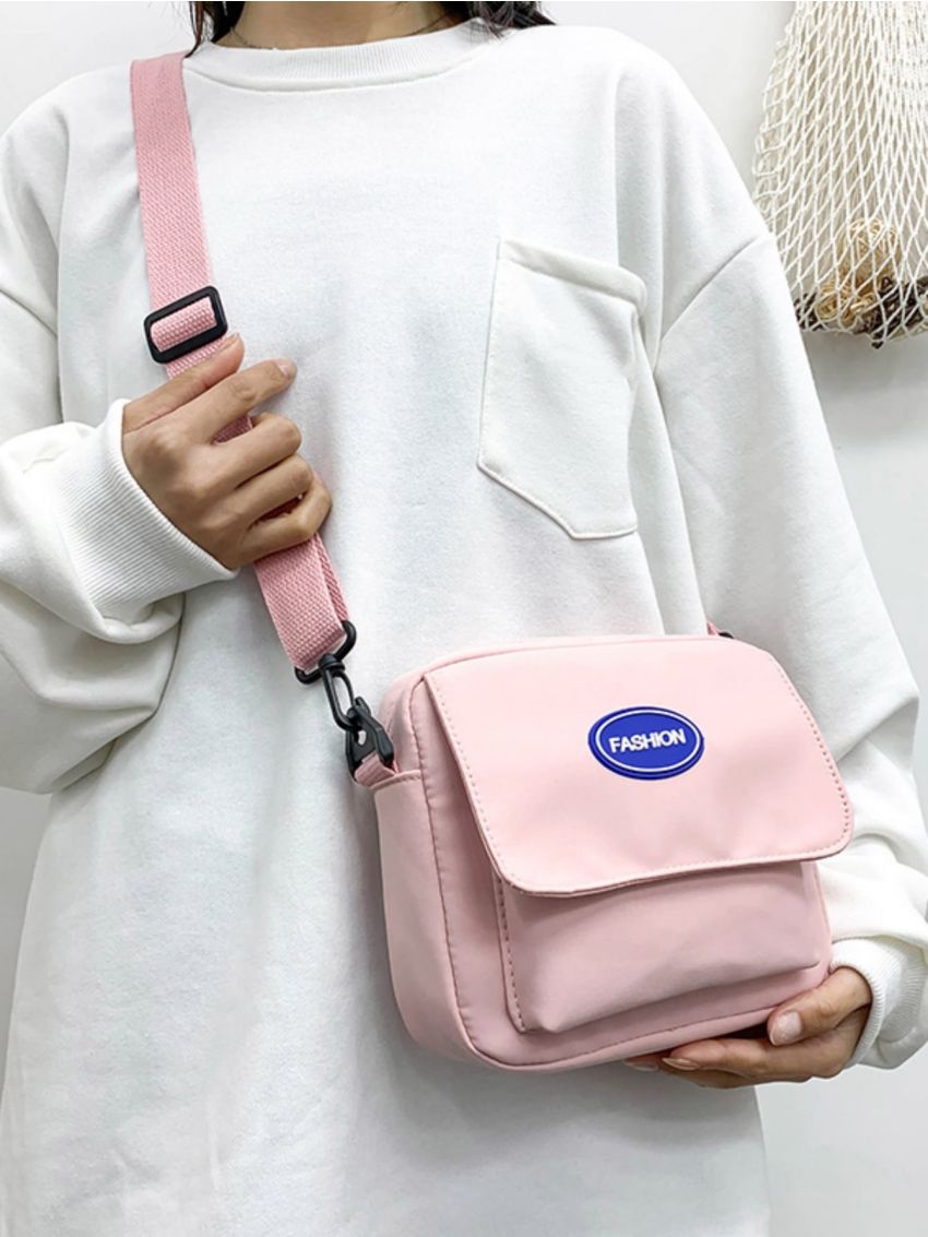 Mini Square Bag Letter Patch Decor Pocket Front Nylon